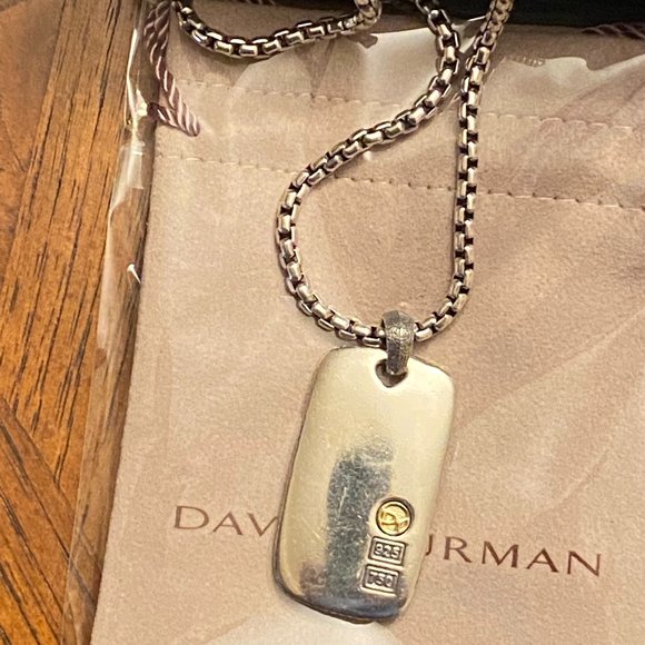 David Yurman Sterling 925 and 18K Dog Tag Pendant with Box Chain Necklace - Picture 15 of 15